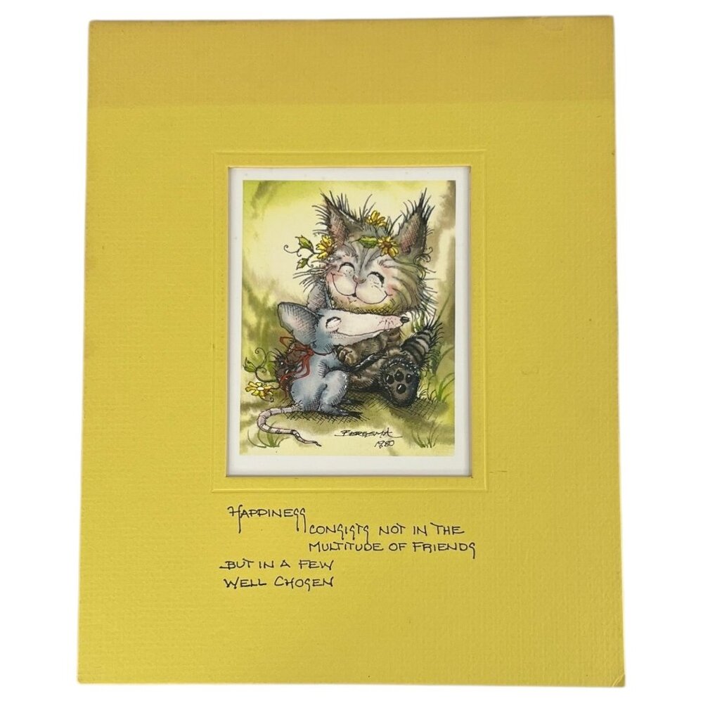 Jody Bergsma Limited Ed Lithograph 1980 Cat & Mouse print Signed‎ Matted Yellow